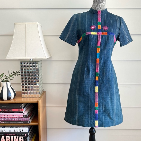 Vintage Dresses & Skirts - Vintage 1970s Indigo Stripe Embroidered Dress Boho Hippie 70s